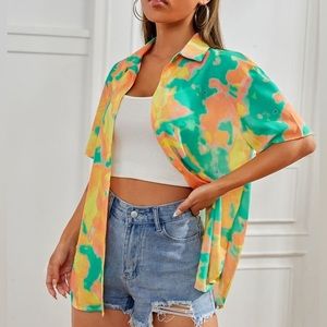Trippy Multicolor Short Sleeve Oversized Button Down Shirt